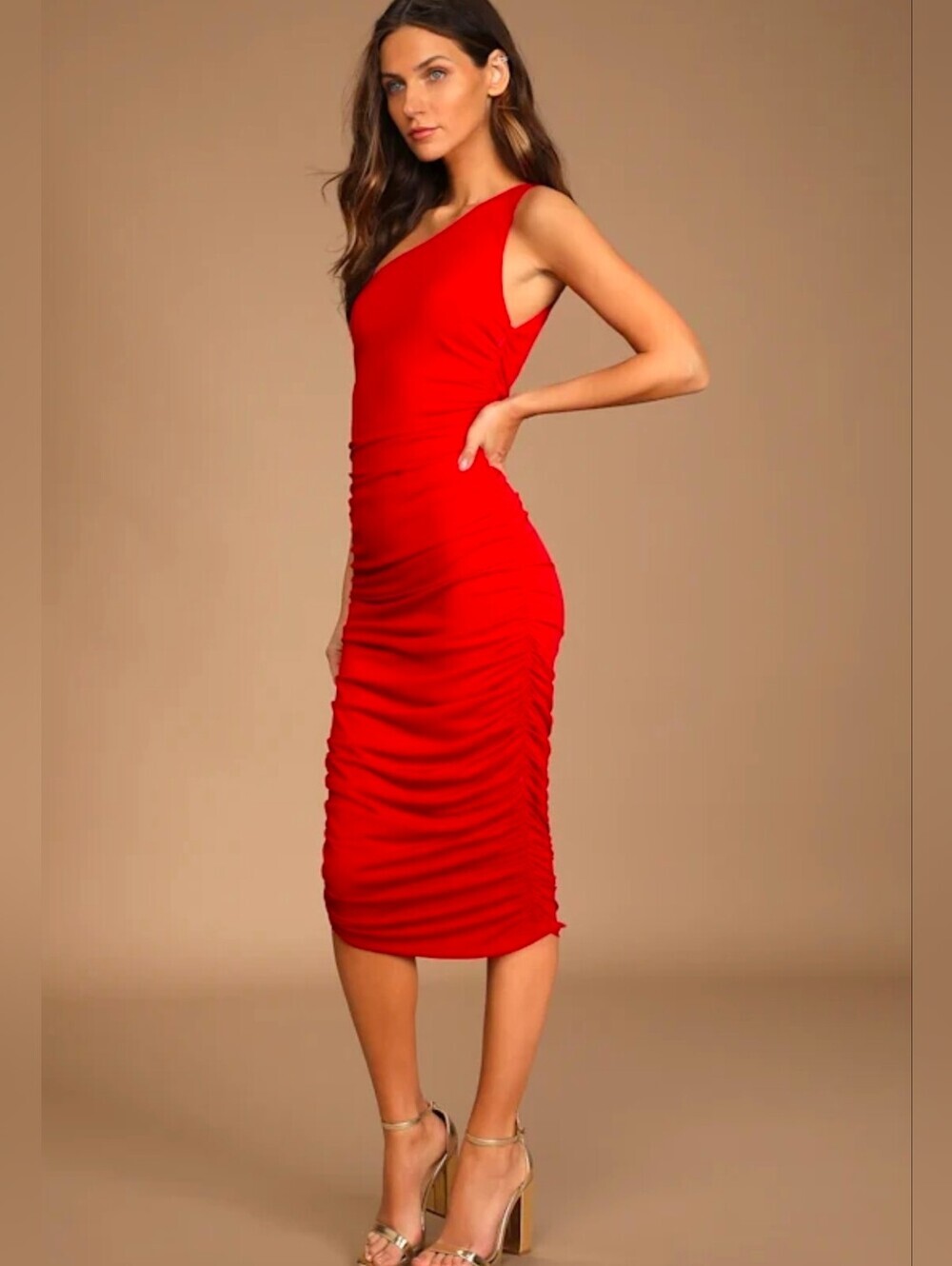 Lulu's One-Shoulder Ruched Red Midi Dress - Picture 2 of 8